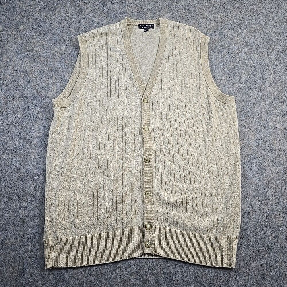 Roundtree & Yorke Men's Cream Button Cable Knit Vest Sweater Size XL 100% Cotton
